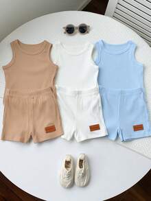 SHEIN 3件套男女宝宝休闲纯色罗纹针织背心套装，春夏宝宝服装 - 彩色 - 查看 5