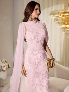 Modelyn Spring & Summer Elegant 3D Embroidered Floral Patchwork Chiffon Cinched Waist Dress - Pink - View 8