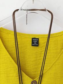 Omancia Conjunto de 2 piezas: Top de cuello en V con decoración de botones de coco y mangas 3/4 + Pantalones rectos de unicolor para uso casual y de oficina - Amarillo - Ver 5