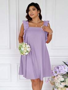 SHEIN Frenchy 大码夏季浪漫优雅荷叶边拼接连衣裙，适合海滩度假、婚礼季、浪漫约会 - 紫色 - 查看 5