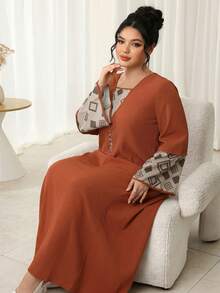 Al Najma Plus Size Women's Geometric Print Patchwork Arabic Style Modest Dress Ninang Wedding Black Summer - Orange - View 6