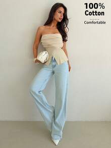 Firerie Neue gemütliche ärmelloser Wickel Crop Top für Frauen, Off-Shoulder Shirts, Off-Shoulder Top in Grau, modisch und lässiger Streetwear, Herbst Damen Sommer - Aprikosenfarben - Übersicht 7