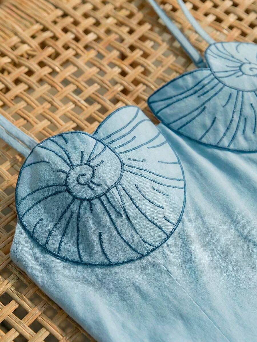 CAJUNI Summer Vacation Embroidery Shell Baby Blue Long Dress, Women's Summer Dresses - Blue - View 1