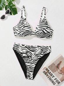 SHEIN Swim Curve Bộ bikini và quần tam giác in họa tiết da báo dành cho nữ cỡ lớn, thích hợp mặc đi biển mùa hè. - Đen và trắng - Xem 3