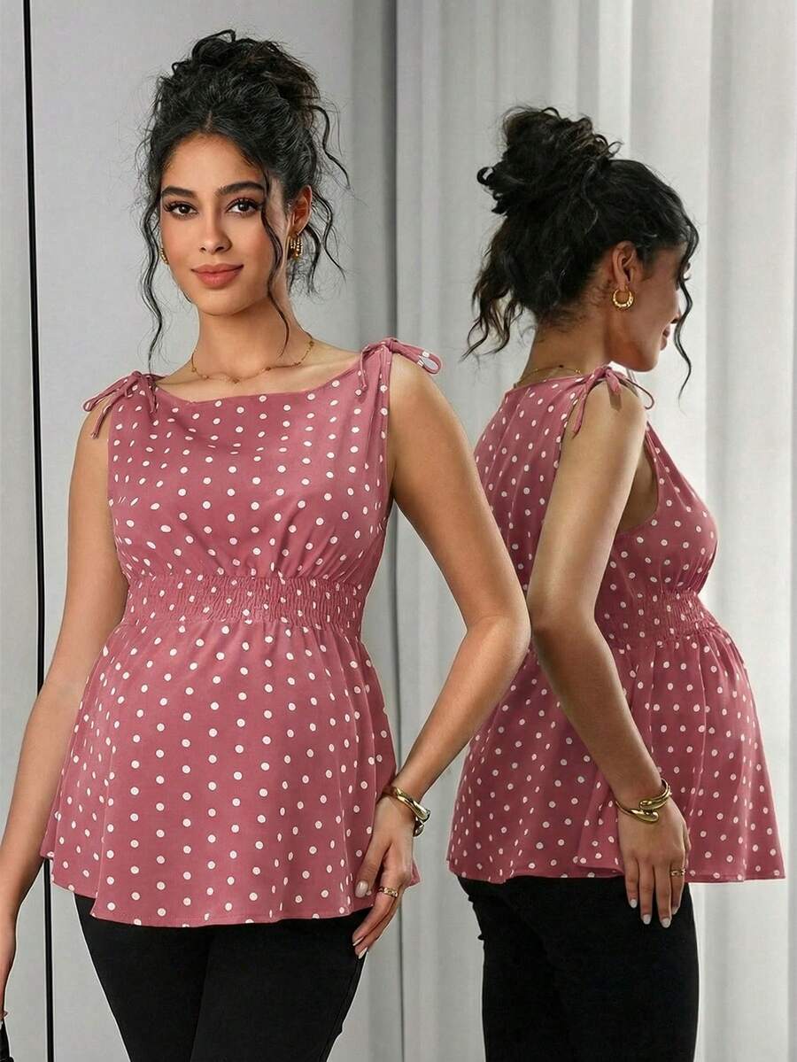 Momance 孕妇波点印花扭结前襟无袖休闲背心，春夏款 - 藕粉色 - 查看 1