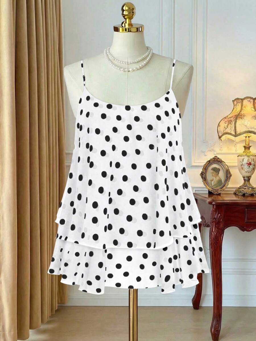 Rometta Kamisol Wanita Ukuran Besar Bahan Chiffon Motif Polkadot dengan Hem Berumbai Ganda dan Tali Bahu Tipis serta Bagian Belakang Silang - Putih - View 1