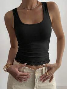 Livesso 春夏黑色休闲街头蕾丝拼接吊带背心，镂空蕾丝饰边，修身款，适合婚礼、派对、情人节等场合。 - 黑色 - 查看 4