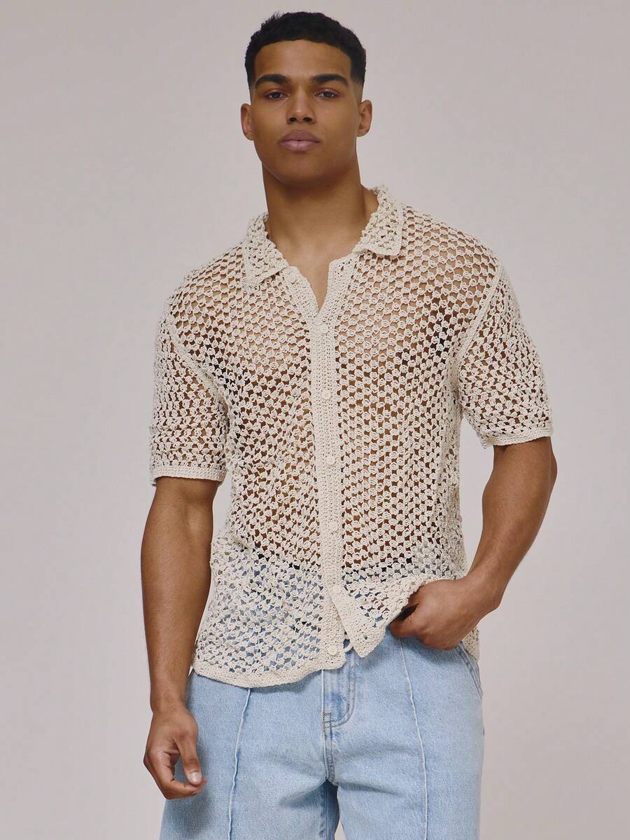 Musero Camicia a polo con bottoni e lavorazione a maglia traforata, a maniche corte, essenziale per la primavera/estate, ideale per vacanze e spiaggia - Albicocca - Visualizzare 1
