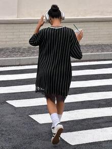 Muchica Women's Spring/Summer New Striped Contrast Lace Trim Loose Short Sleeve Mini Dress - Black and White - View 2