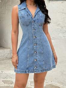 Rivivi Fashionable Turndown Collar Button Washed Sleeveless Denim Dress - Light Wash - View 1
