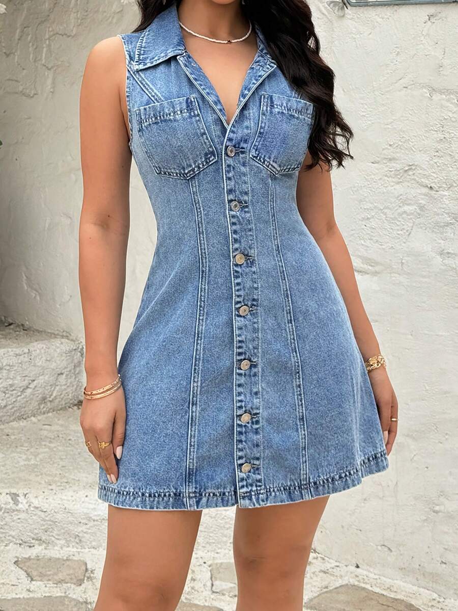 Rivivi Fashionable Turndown Collar Button Washed Sleeveless Denim Dress - Light Wash - View 1