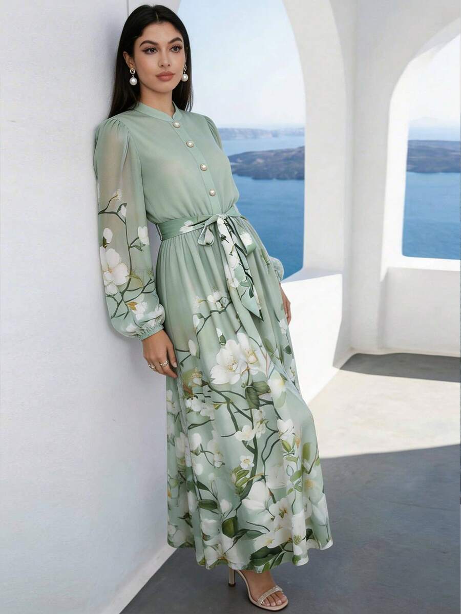 Veilorie 女士碎花系带长袖连衣裙 - 彩色 - 查看 1