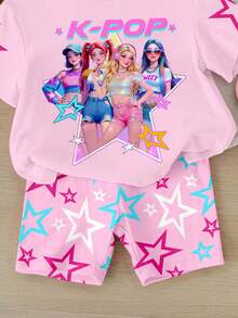 SHEIN Conjunto casual de camiseta de manga corta con cuello redondo y estampado de letras y dibujos animados, y pantalones cortos para niña pequeña, adecuado para vacaciones, fiestas, uso diario, conciertos - Multicolor - Ver 5