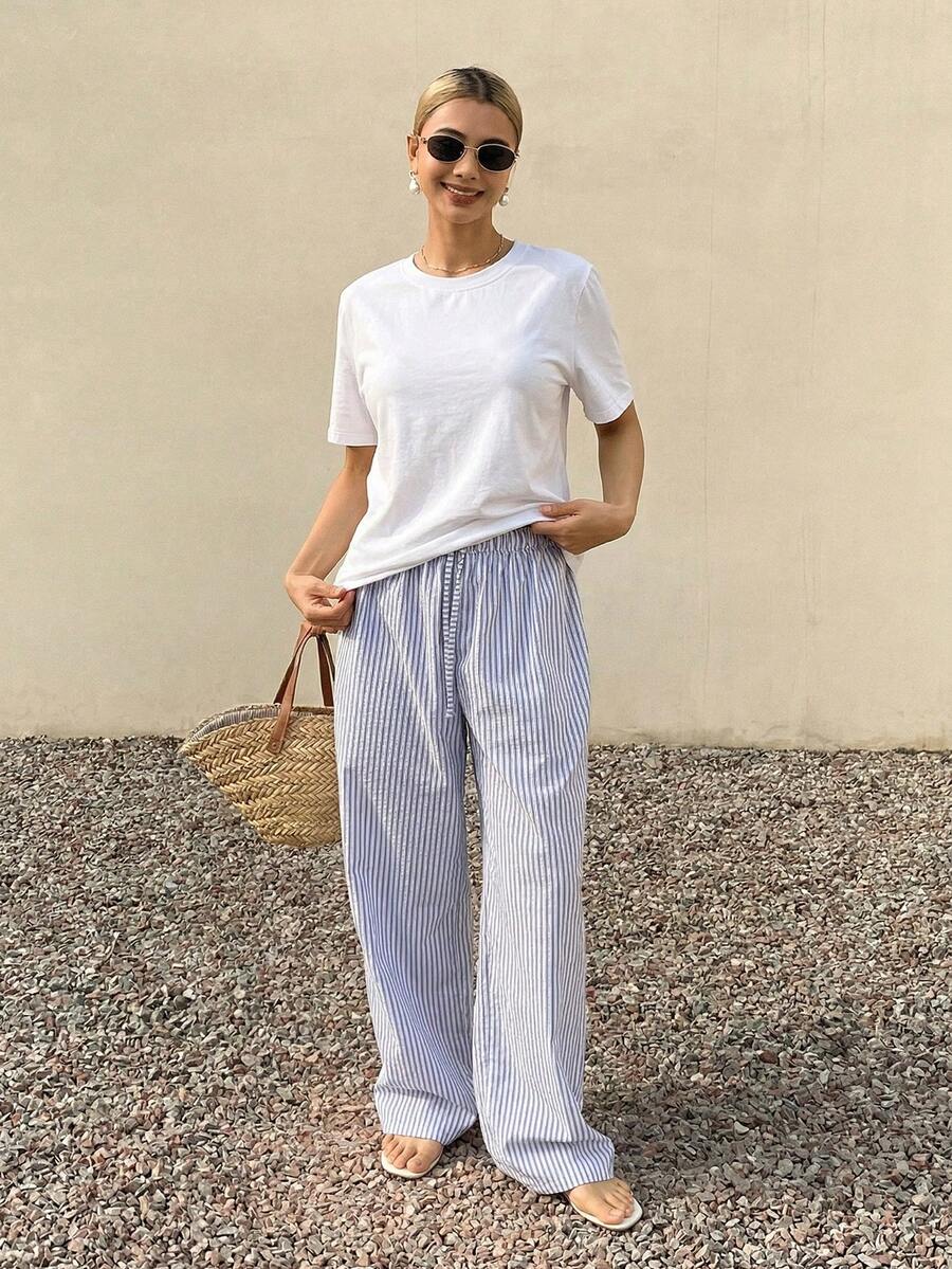 DAZY Simple T-Shirt & Striped Pants Pajama 2pcs Lounge Set, Outfits - White - View 1