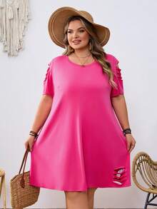SHEIN CURVE+ Curve Size US22Music Festival, Seaside Vacation, Bohemia Round Neck Short Sleeve A-Line Distressed Basic Loose Knit T-Shirt Dress T Shirt Dress Women Dress Pink Dress - Hot Pink - View 8