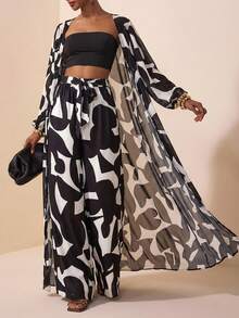 Gownix Women's 2 Pieces Set Zebra Print Outfits,Casual White And Black Wide Leg Pants Set,Bohemian Vacation Holiday Autumn Resort Wear Beach Cover Up Outfit - Black and White - View 4