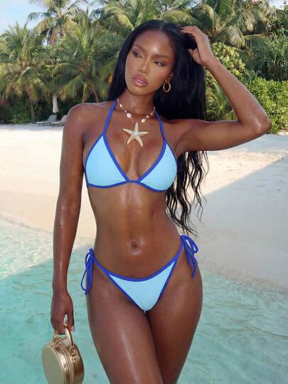 Swim Vcay Traje de baño de mujer Primavera/Verano 2026, con tirantes finos y cuello halter, contraste de color azul profundo + azul claro, conjunto de bikini con tanga sexy atado a los lados para vacaciones