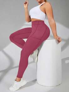 Auralis Plus Size High Waist Compression Leggings With Pockets - Rose Red - View 4