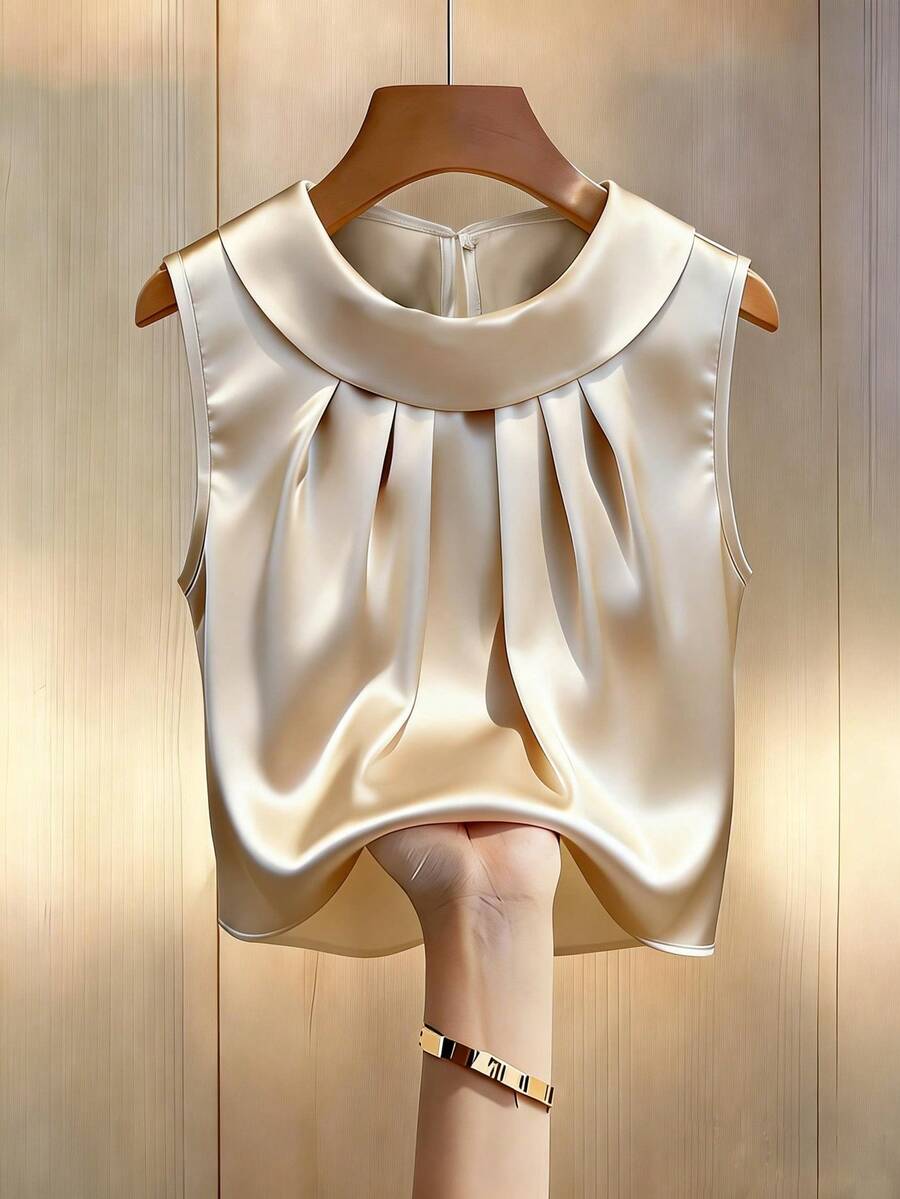 GlowEve CURVE 通勤时尚褶皱缎面无袖上衣，新款夏季优雅大码女式背心 - 杏色 - 查看 1