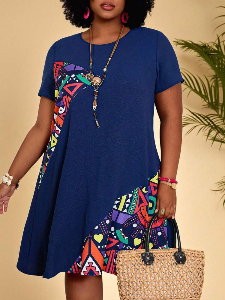Plus Size Women Geometric Print Round Neck Short Sleeve Casual Dress Summer Dress  Summer Outfits Summer Clothes Spring Dress Spring Outfit Women Spring Clothing Floral Dress Floral Dresses For Women Beach Vacation Outfits For Women Vacation Dress Bohemian  Summer Holiday Outfits