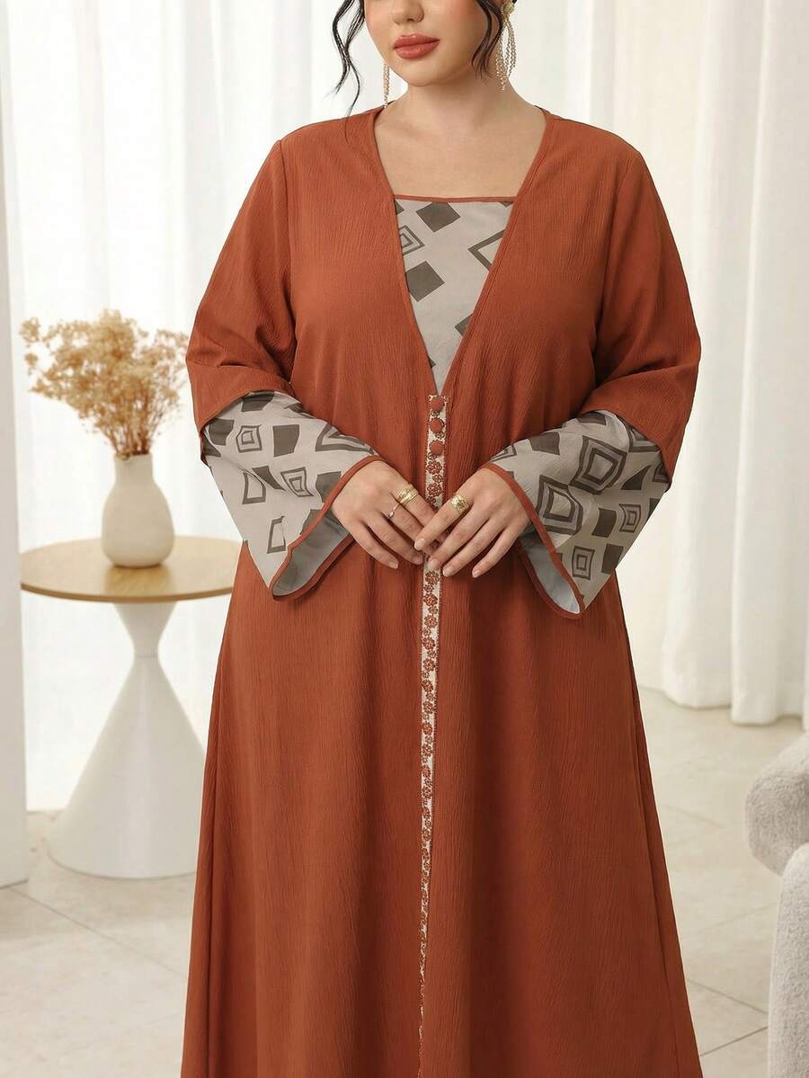 Al Najma Plus Size Women's Geometric Print Patchwork Arabic Style Modest Dress Ninang Wedding Black Summer - Orange - View 1