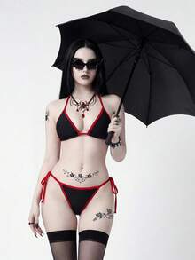 ROMWE Goth 女士休闲度假沙滩派对优雅骷髅印花比基尼罩衫三件套泳衣套装，夏季新款 - 彩色 - 查看 6
