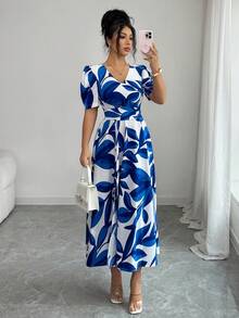 Elenzga Elegant Tie-Cinched Waist Puff Sleeve Leaf Print Long Split Dress For Women, Spring/Summer - Blue and White - View 4