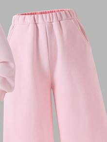 SHEIN Tween Girl Pink Sweatshirt Set, Long Sleeve Hoodie And Loose Casual Sweatpants Set, Autumn/Winter - Pink - View 6