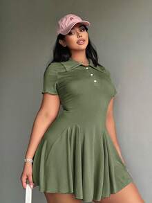 Flirla Plus Size Casual Collared Short Sleeve A-Line Dress - Army Green - View 3