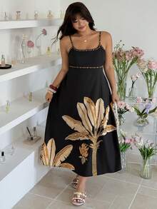 GalTyme 大码印花无袖休闲连衣裙 - 黑色 - 查看 6