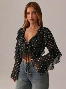 Radiana Blusa de gasa negra con lunares elegante y sexy para mujer, blusa de gasa negra fluida, blusa con volantes multicapa, blusa de manga larga con cuello en V y lazo delantero, top negro sexy, top corto, primavera/verano - Negro - Ver 6