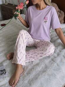 DAZY 2 Pieces Women's Printed Comfortable Loose Short Sleeve Pajama Set - Purple - View 2