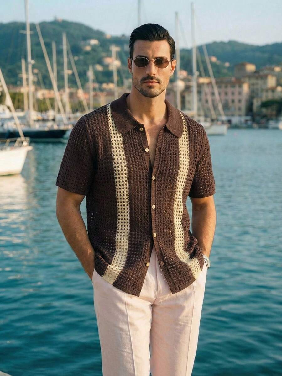 HIMLAND 男士休闲镂空仿羊绒宽松开衫毛衣，春夏男士针织衬衫，男士钩针衬衫，男士夏季服装，男士衬衫，酒红色和白色衬衫，男士酒红色衬衫