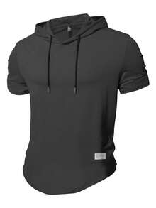 Manfinity Homme Plus Size Men's Letter Graphic Drawstring Hooded Short Sleeve T-Shirt - Dark Grey - View 1