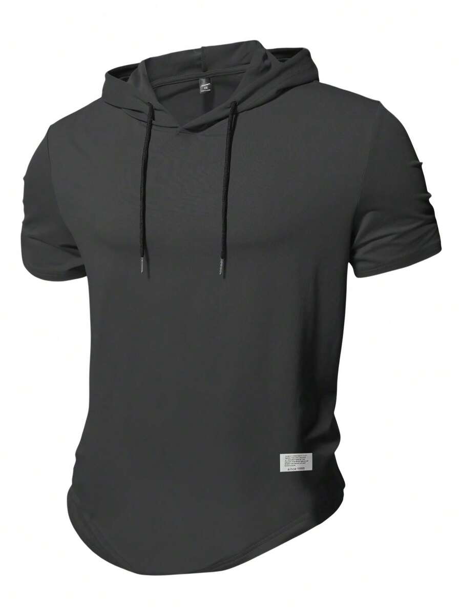 Manfinity Homme Plus Size Men's Letter Graphic Drawstring Hooded Short Sleeve T-Shirt - Dark Grey - View 1