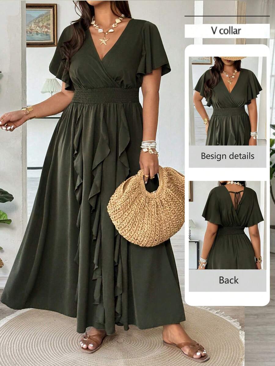 Vionelle 大码女式纯色荷叶边连衣裙 - 綠色 - 查看 1