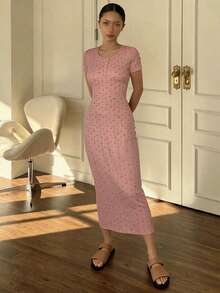 DAZY Ditsy Floral Cinched Waist Long Women's Nightgown Pajama - Pink - View 2