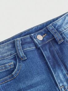 SHEIN Girlism Tween Girl Y2K Spring Summer Break Solid Washed High Stretch Distressed Ripped Denim Shorts With Frayed Hem And Pockets, Stylish Casual Boho Holiday Concert Raves Festival - Medium Wash - View 4