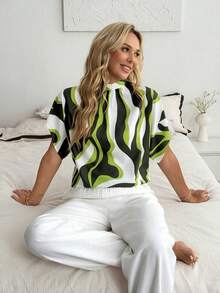 Louniche 优雅女士高领绿色波浪条纹休闲日常上衣，舒适时尚，袖口开衩，百搭时尚衬衫 - 綠色 - 查看 6