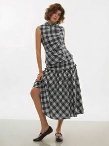 Poéselle Casual Plaid Front Button Sleeveless Top, Summer Blouse For Women Casual Modern Zip Up Top - Black and White - View 5