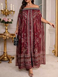 EMERY ROSE Plus Size Women's Off-Shoulder Floral Print Elastic Waist Loose Kaftan Maxi Dress,Navy Summer Boho Vacation Holiday Mediterranean Greece Outfits - Burgundy - View 3