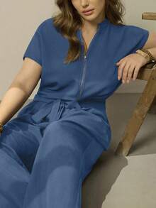 EMERY ROSE Plus-Size Women's Summer Dark Blue Jumpsuits Casual Vacation Holiday Fashion Outfit Sets Santorini Rompers Coords,Short Sleeve Zip Front Wide Leg - Blue - View 5