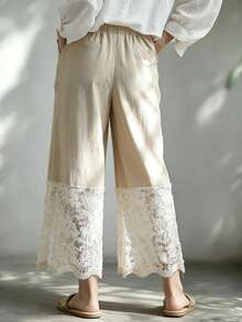 EMERY ROSE Women's Elastic Waist Lace Patchwork Casual Versatile Daily Wear Wide Leg Pants - Khaki - View 2