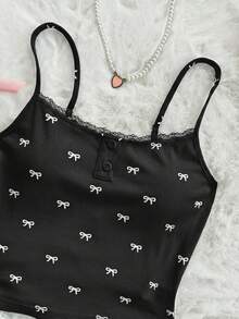 Sweetina Bộ 2 món gồm áo croptop hai dây in nơ và quần short, phong cách thường ngày dành cho tuổi teen. - màu đen - Xem 3