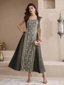 Al Najma Nuevo diseño de vestido casual de fiesta y vacaciones con cintura ceñida y patchwork - Verde - Ver 5