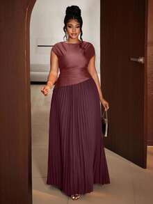 Maweii Plus Size Women Elegant Solid Color Pleated Round Neck Sleeveless Dress - Champagne - View 4