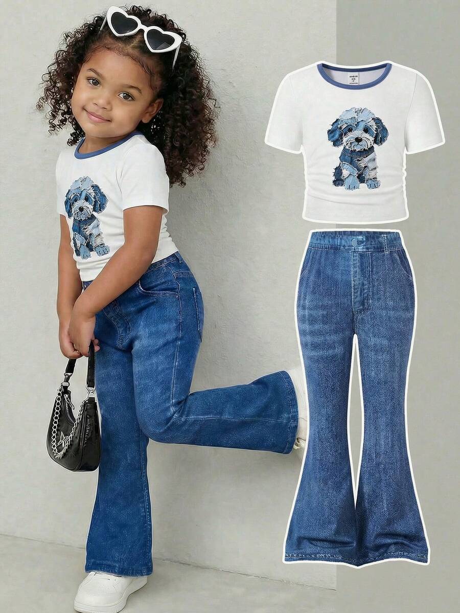 SHEIN 2pcs/Set Young Girls Round Neck Short Sleeve T-Shirt And Flared Pants,Back-To-School Summer Outfits For School Campus Sports & Street Style Wear - Blue - View 1
