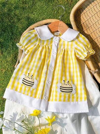 Vintaside Kids Đầm cho bé gái sơ sinh, thêu họa tiết ong và kẻ caro, phong cách đồng quê, đầm thời trang, đa năng, thanh lịch, thoải mái cho mùa xuân/hè.