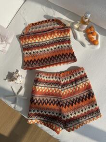 Set de 2 piezas de lencería a juego con estilo bohemio y rayas para niñas Y2K, top bandeau con textura de burbujas y bordado de estrella de mar 3D + panty tipo short, suave y dulce estilo de vacaciones en la playa, adecuado para el verano - Multicolor - Ver 2