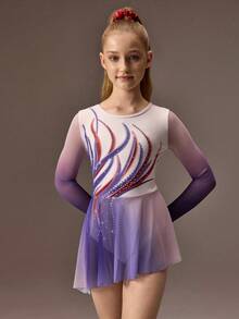 SHEIN 少女花样滑冰服，专业运动，日常训练，校园比赛，时尚图案，插肩袖，防走光裙摆设计，高弹舒适弹力花样滑冰服，秋冬季款 - 粉色 - 查看 3